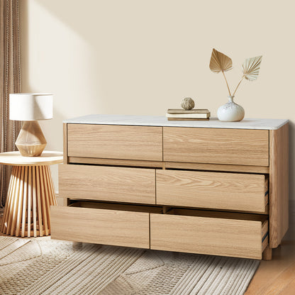 Oikiture 6 Chest of Drawers Dresser Faux Marble Top Natural-Chest of Drawerss-PEROZ Accessories