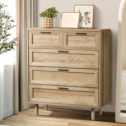 Oikiture 5 Chest of Drawers Dresser Tallboy Natural-Chest of Drawers-PEROZ Accessories