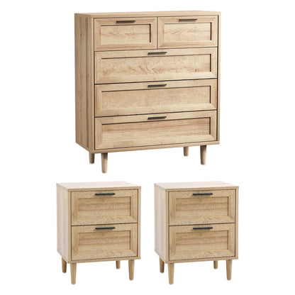 Oikiture 5 Chest of Drawers and 2 Bedside Tables Bedroom Set Natural-Bedroom Set-PEROZ Accessories
