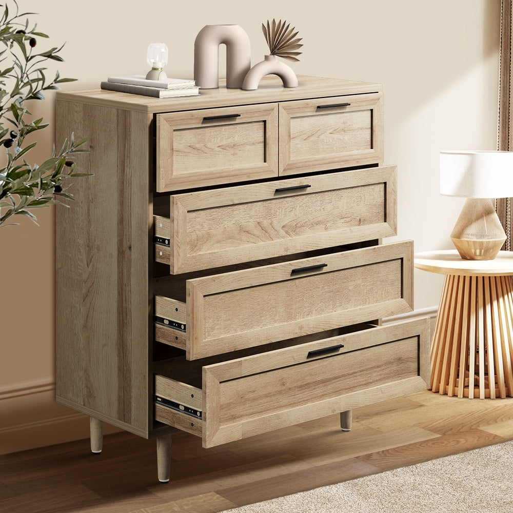 Oikiture 5 Chest of Drawers and 2 Bedside Tables Bedroom Set Natural-Bedroom Set-PEROZ Accessories
