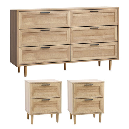 Oikiture 6 Chest of Drawers and 2 Bedside Tables Bedroom Set Natural-Bedroom Set-PEROZ Accessories
