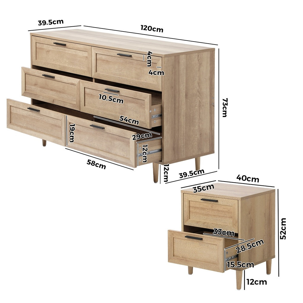 Oikiture 6 Chest of Drawers and 2 Bedside Tables Bedroom Set Natural-Bedroom Set-PEROZ Accessories