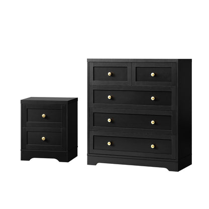 Oikiture 5 Chest of Drawers and Bedside Table Hamptons Furniture Set Black-Chest of Drawers-PEROZ Accessories