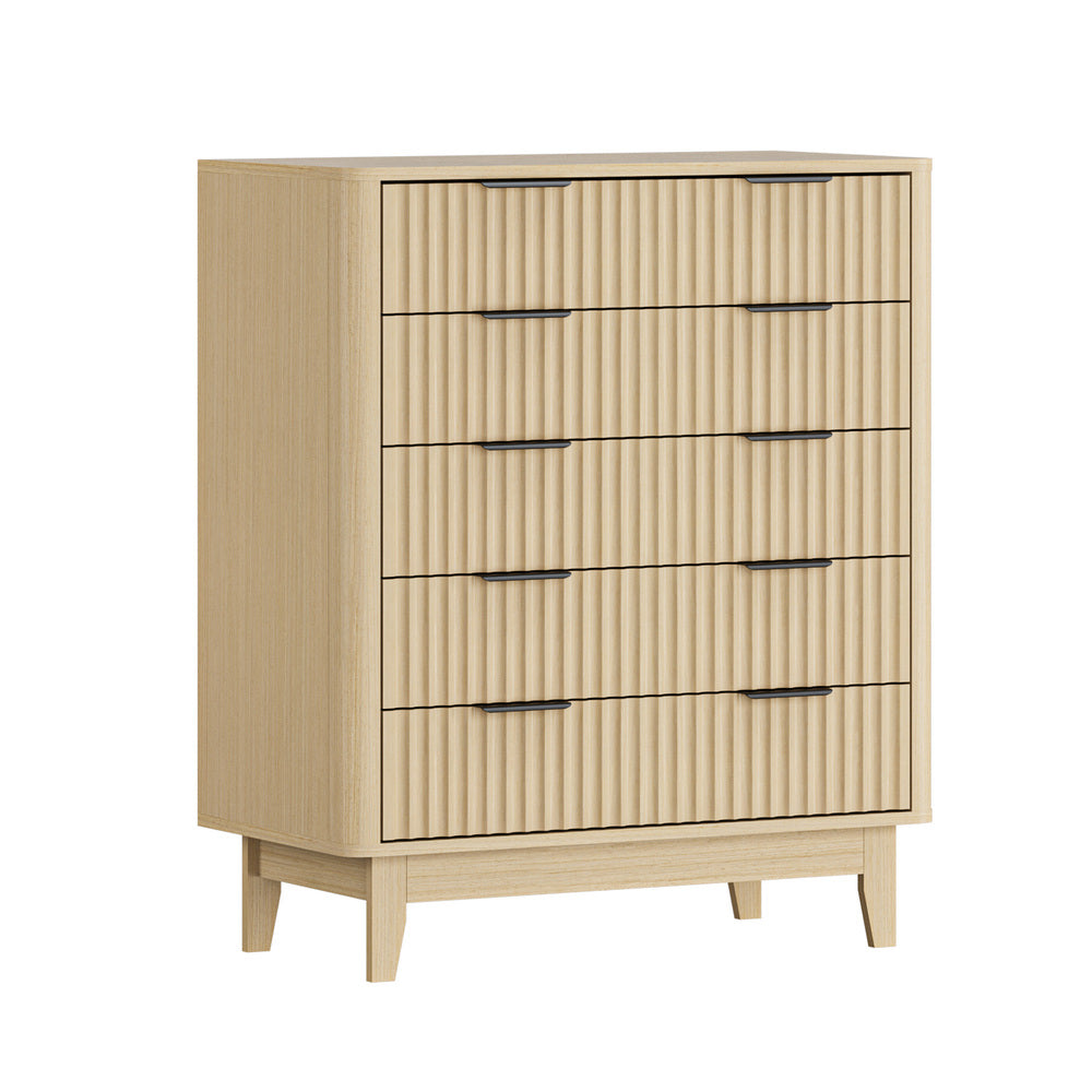 Oikiture 5 Chest of Drawers Dressers Tallboy Stripe Natural-Chest of Drawers-PEROZ Accessories