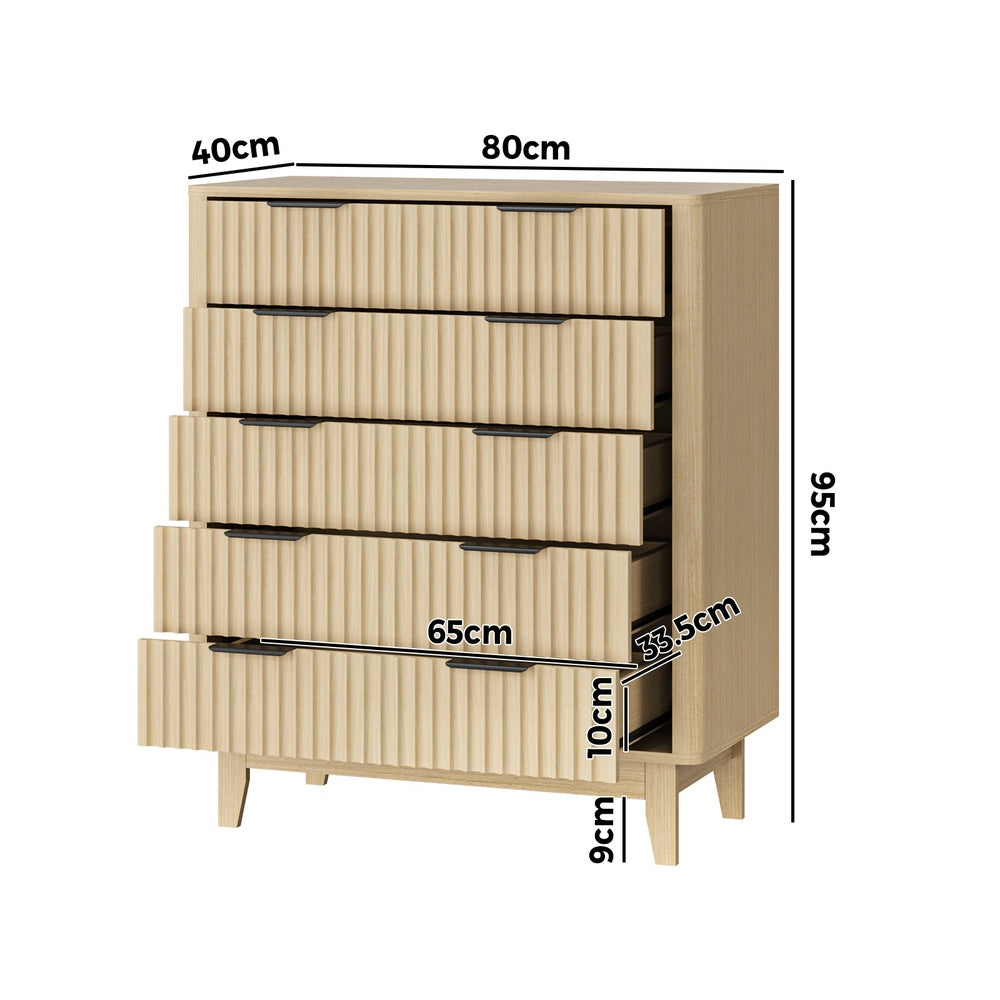 Oikiture 5 Chest of Drawers Dressers Tallboy Stripe Natural-Chest of Drawers-PEROZ Accessories