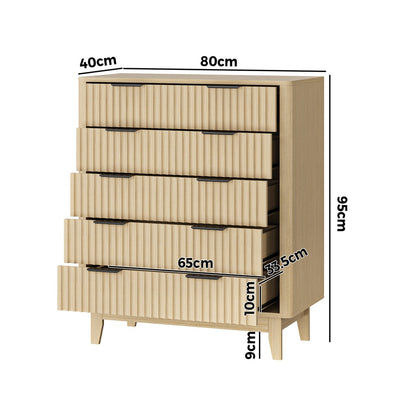 Oikiture 5 Chest of Drawers Dressers Tallboy Stripe Natural-Chest of Drawers-PEROZ Accessories