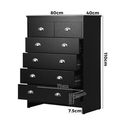 Oikiture 6 Chest of Drawers Tallboy Dresser Black-Chest of Drawers-PEROZ Accessories