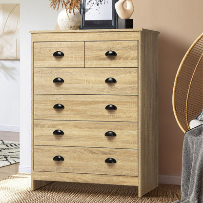 Oikiture Tallboy Chest of Drawer Dresser with 6 Drawers Bedroom Storage Cabinet Natural Wood-Drawers-PEROZ Accessories