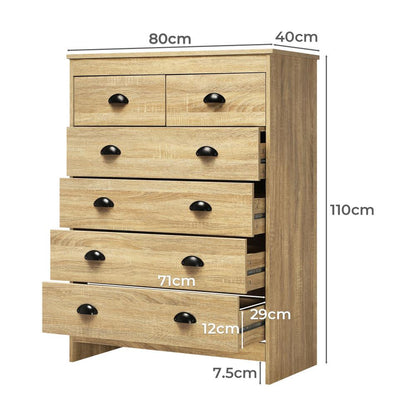 Oikiture Tallboy Chest of Drawer Dresser with 6 Drawers Bedroom Storage Cabinet Natural Wood-Drawers-PEROZ Accessories