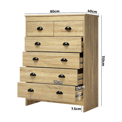 Oikiture Tallboy Chest of Drawer Dresser with 6 Drawers Bedroom Storage Cabinet Natural Wood-Drawers-PEROZ Accessories
