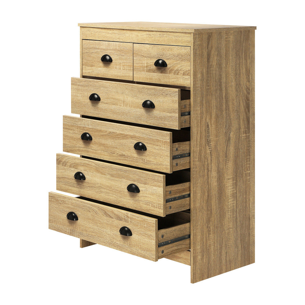 Oikiture Tallboy Chest of Drawer Dresser with 6 Drawers Bedroom Storage Cabinet Natural Wood-Drawers-PEROZ Accessories