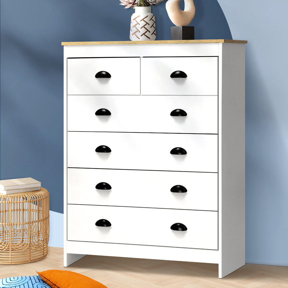 Oikiture Tallboy Chest of Drawer Dresser with 6 Drawers Bedroom Storage Cabinet White-Drawers-PEROZ Accessories