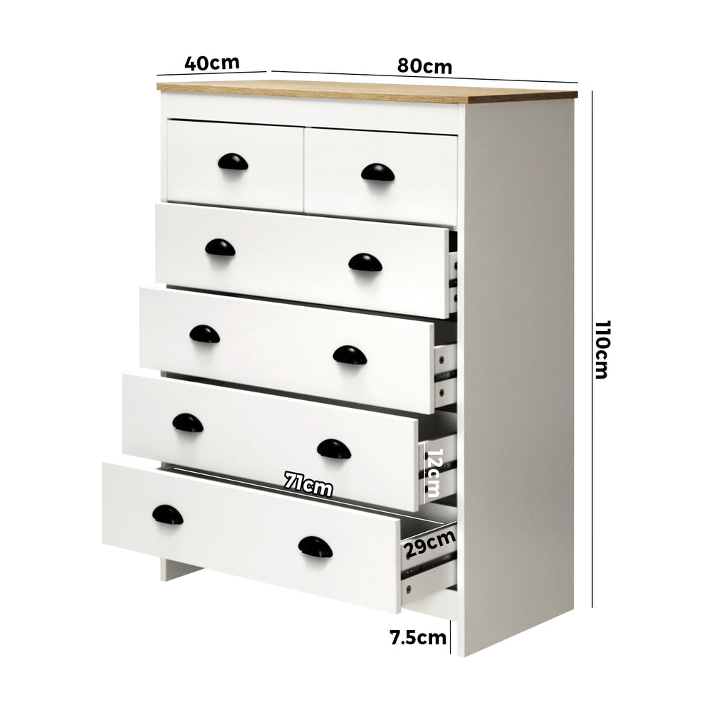 Oikiture Tallboy Chest of Drawer Dresser with 6 Drawers Bedroom Storage Cabinet White-Drawers-PEROZ Accessories