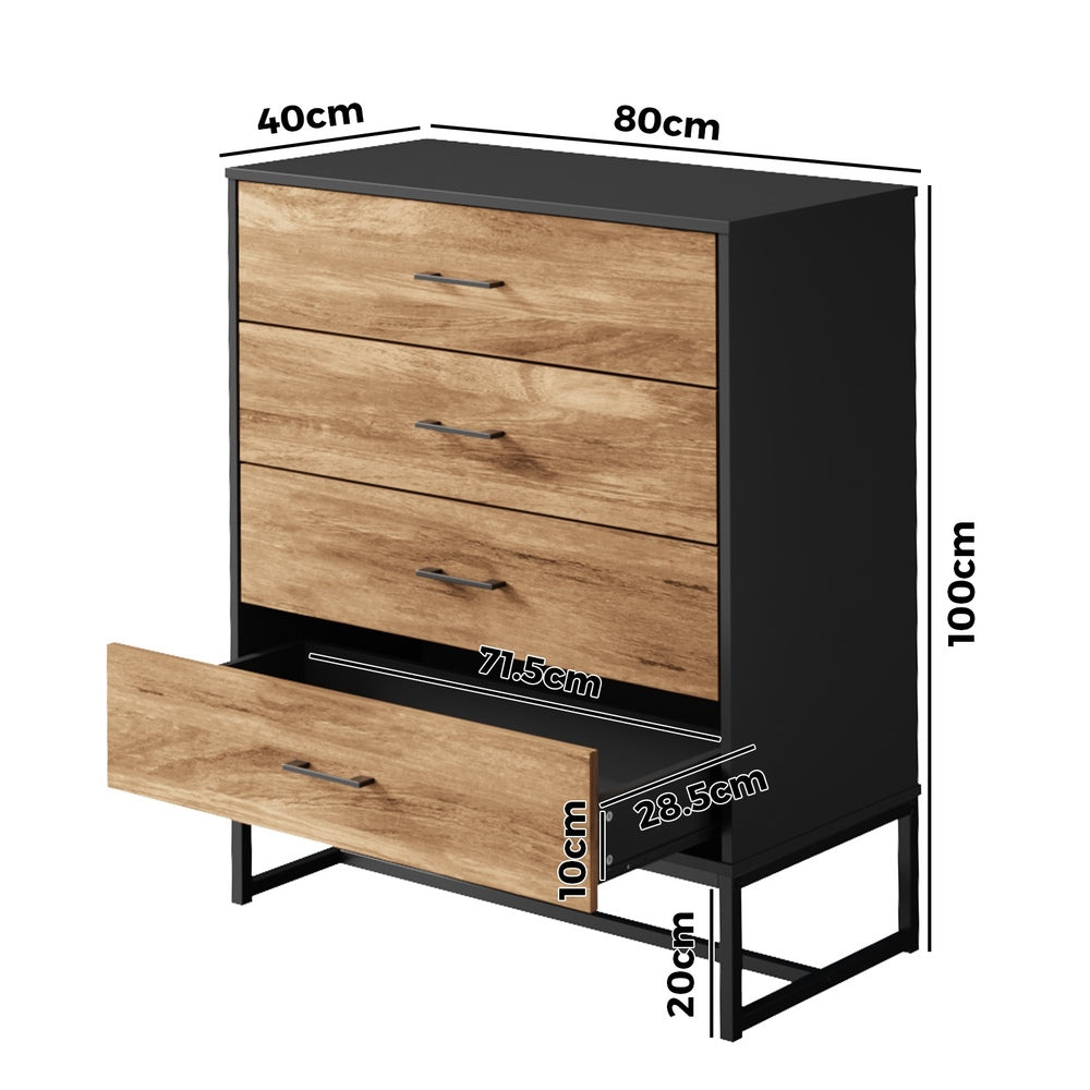 Oikiture 4 Chest of Drawers Tallboy Metal Black-Chest of Drawers-PEROZ Accessories