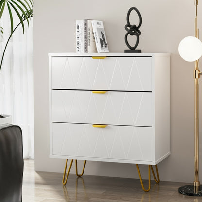 Oikiture 3 Chest of Drawers Gold Handles Dresser Storage Cabinet White-Chest of Drawers-PEROZ Accessories