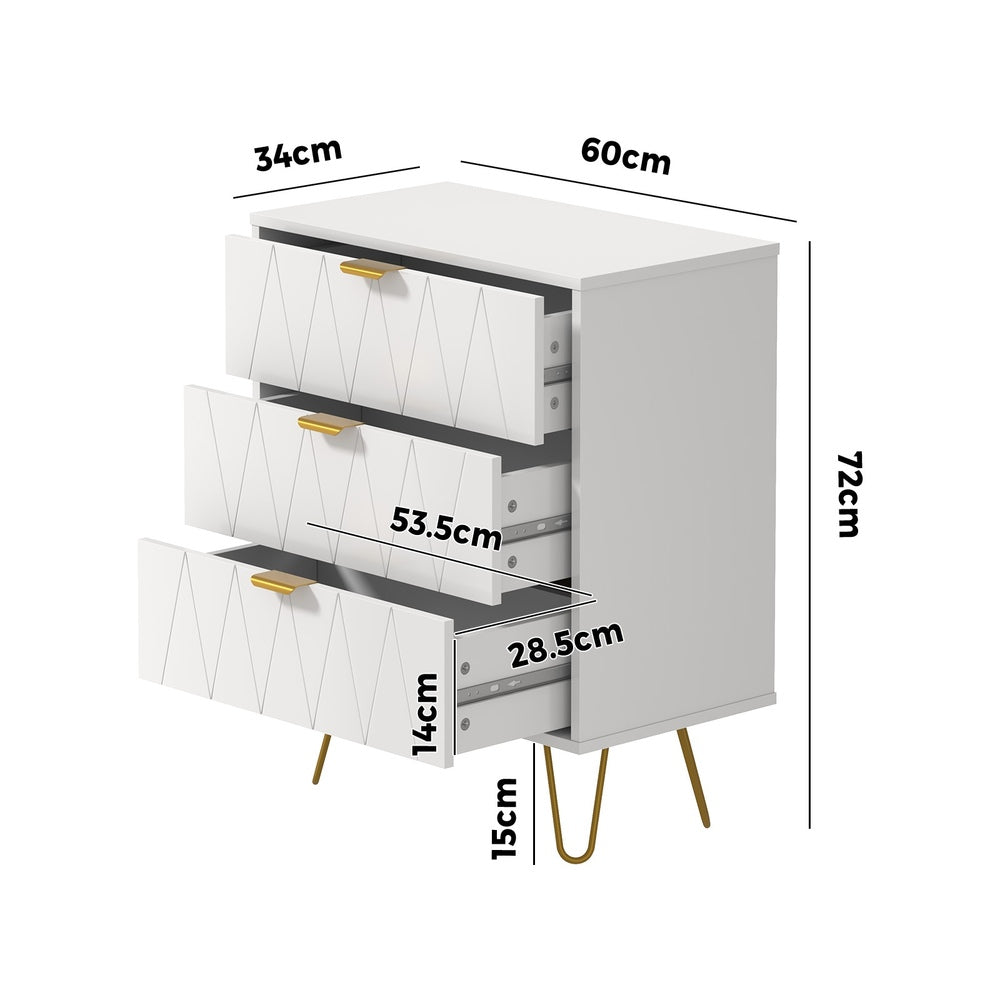 Oikiture 3 Chest of Drawers Gold Handles Dresser Storage Cabinet White-Chest of Drawers-PEROZ Accessories