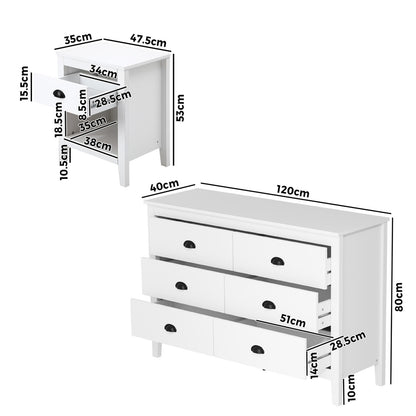Oikiture 6 Chest of Drawers and 2 Bedside Tables Vintage Bedroom Set-Chest of Drawers-PEROZ Accessories