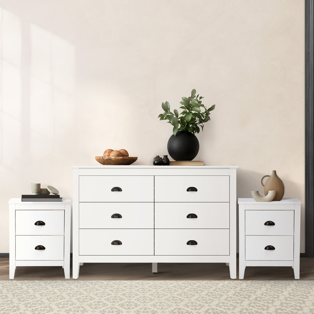 Oikiture 6 Chest of Drawers and 2 Bedside Tables Vintage Bedroom Set White-Chest of Drawers-PEROZ Accessories