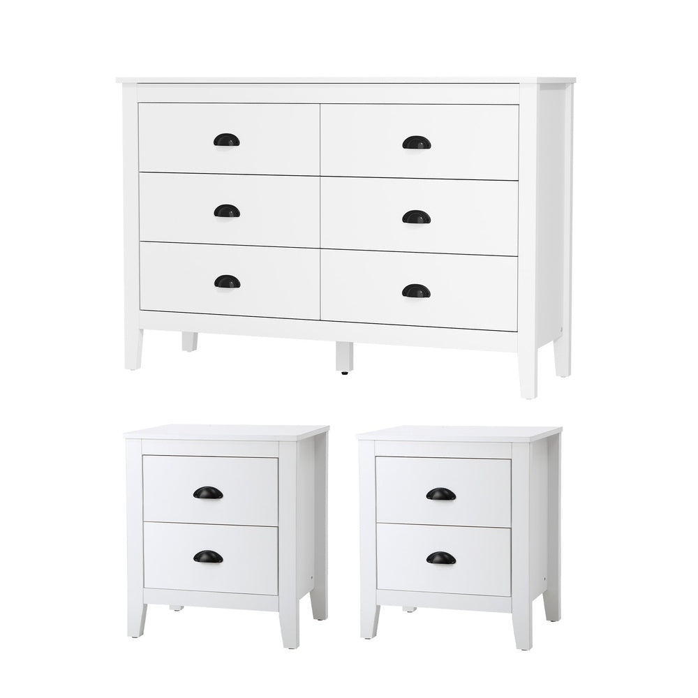 Oikiture 6 Chest of Drawers and 2 Bedside Tables Vintage Bedroom Set White-Chest of Drawers-PEROZ Accessories
