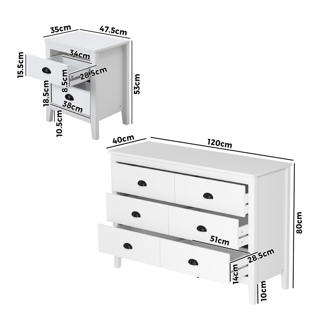 Oikiture 6 Chest of Drawers and 2 Bedside Tables Vintage Bedroom Set White-Chest of Drawers-PEROZ Accessories