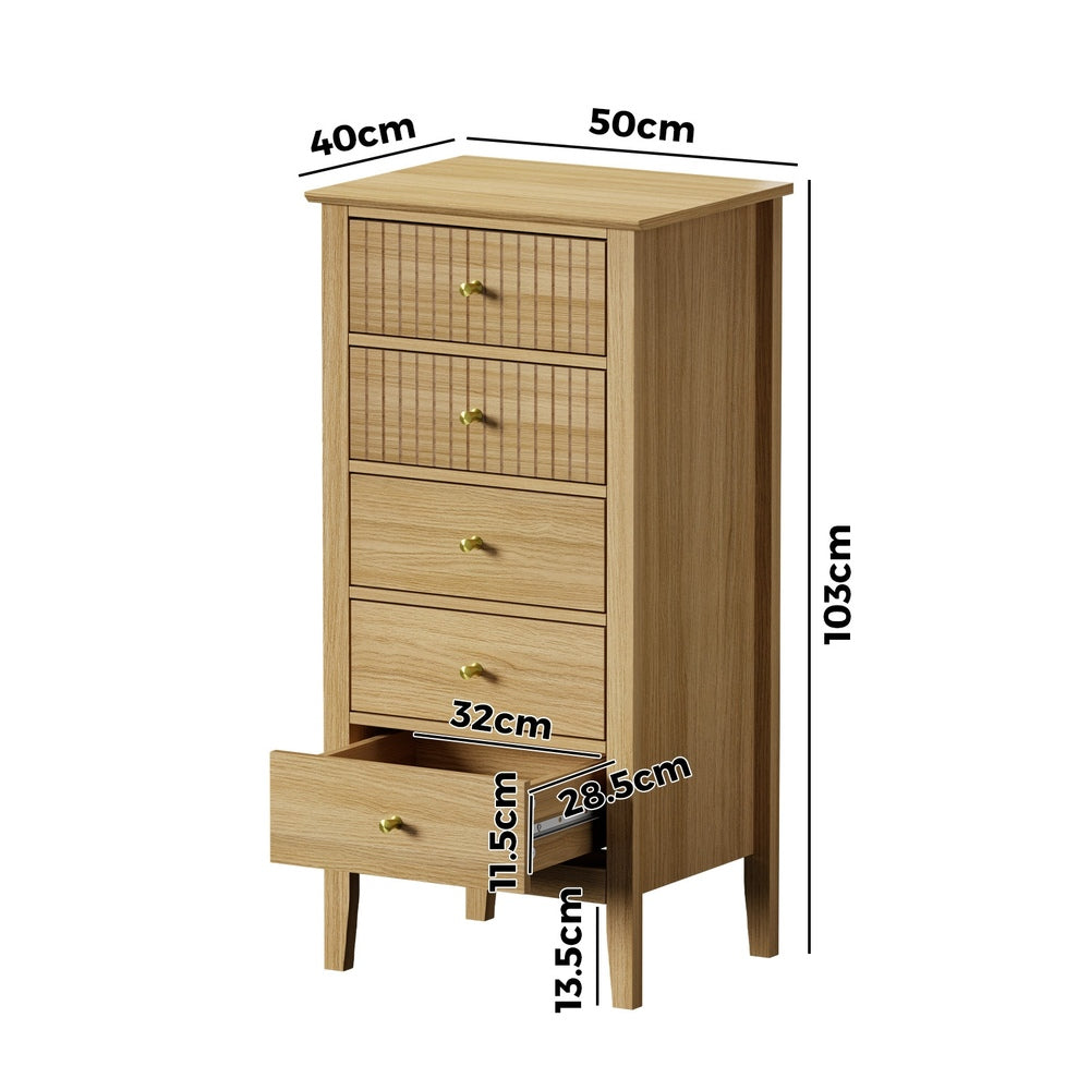 Oikiture 5 Chest of Drawers Dresser Tallboy Storage Cabinet Natural-Chest of Drawerss-PEROZ Accessories