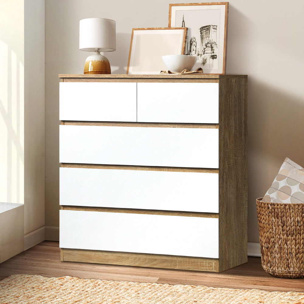 Oikiture 5 Chest of Drawers Tallboy Cabinet Dresser Table Wooden White Furniture-Chest of Drawers-PEROZ Accessories