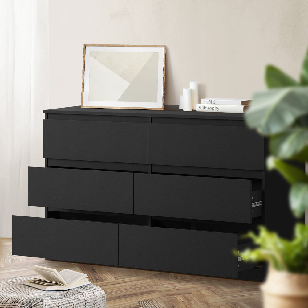 Oikiture 6 Chest of Drawers Lowboy Dresser Table Bedroom Black-Chest of Drawers-PEROZ Accessories
