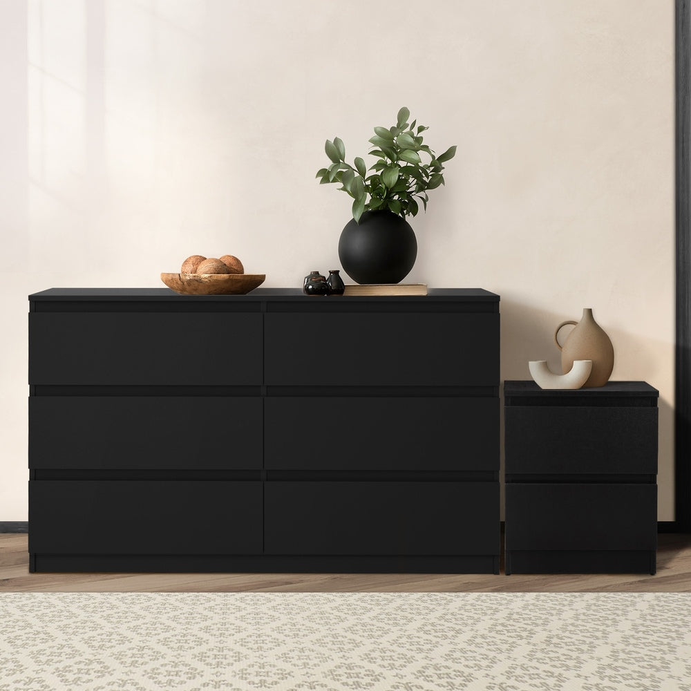 Oikiture 6 Chest of Drawers and Bedside Table Cabinet Bedroom Set Black-Chest of Drawerss-PEROZ Accessories