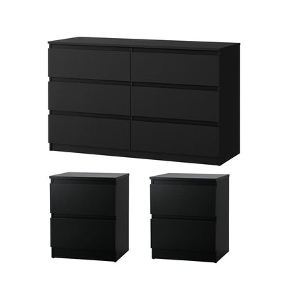 Oikiture 6 Chest of Drawers and 2 Bedside Tables Bedroom Set Black-Chest of Drawerss-PEROZ Accessories