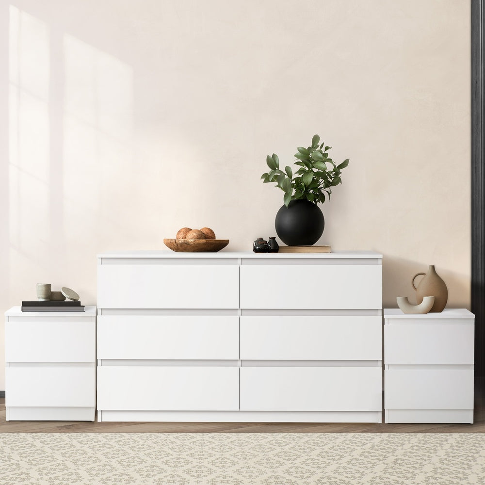 Oikiture 6 Chest of Drawers and 2 Bedside Tables Bedroom Set White-Chest of Drawers-PEROZ Accessories