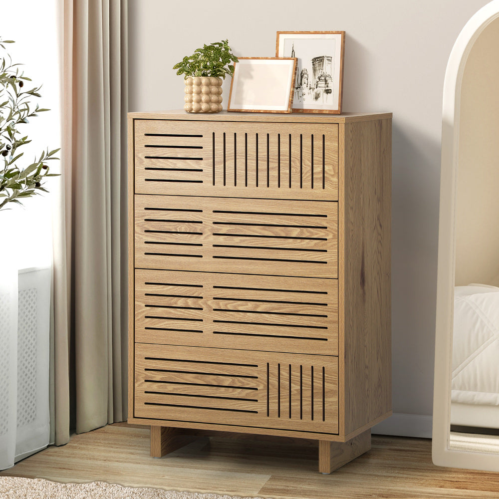 Oikiture 4 Chest of Drawers Storage Cabinet Dresser Tallboy Natural-Chest of Drawers-PEROZ Accessories