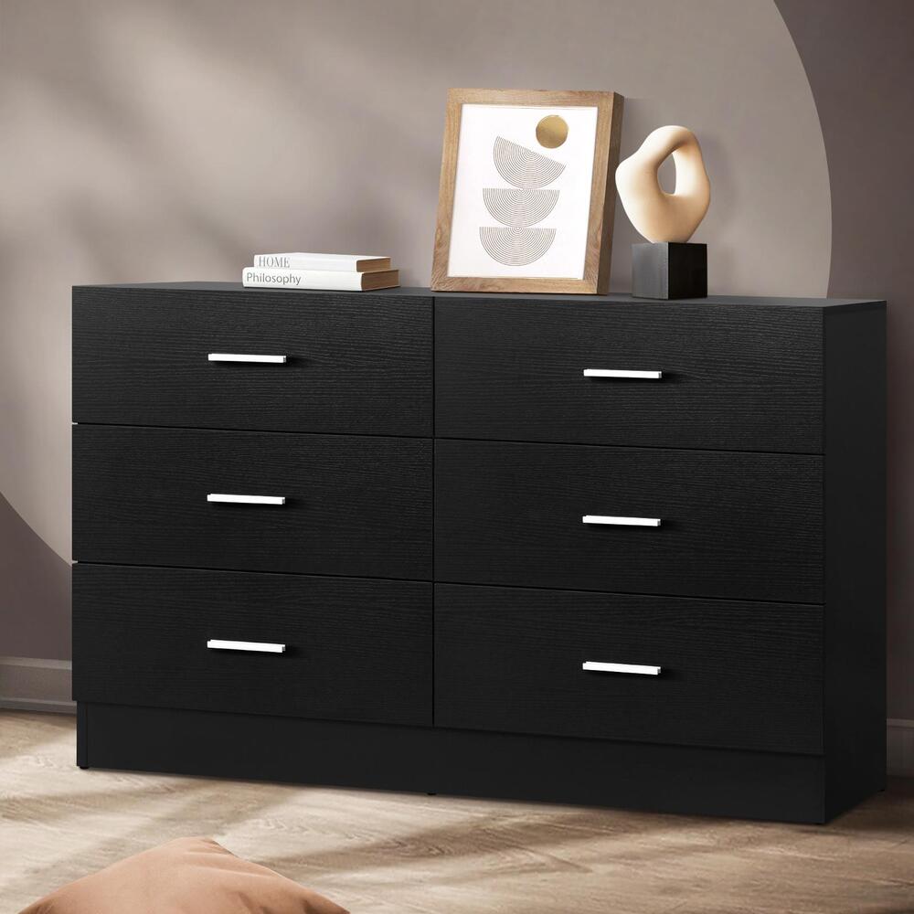 Oikiture 6 Chest of Drawers Tallboy Dresser Table Lowboy Storage Cabinet Black-Drawers-PEROZ Accessories