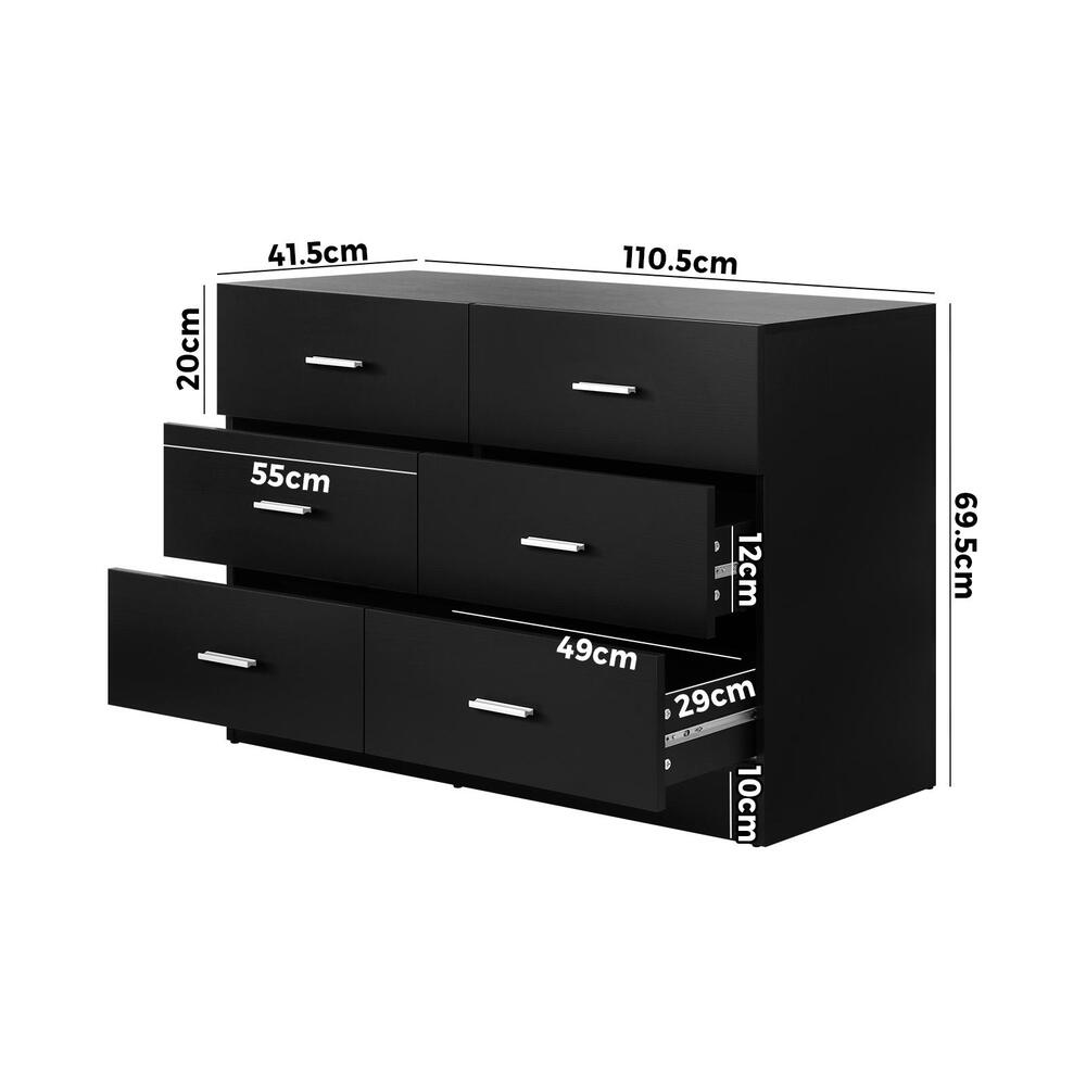 Oikiture 6 Chest of Drawers Tallboy Dresser Table Lowboy Storage Cabinet Black-Drawers-PEROZ Accessories