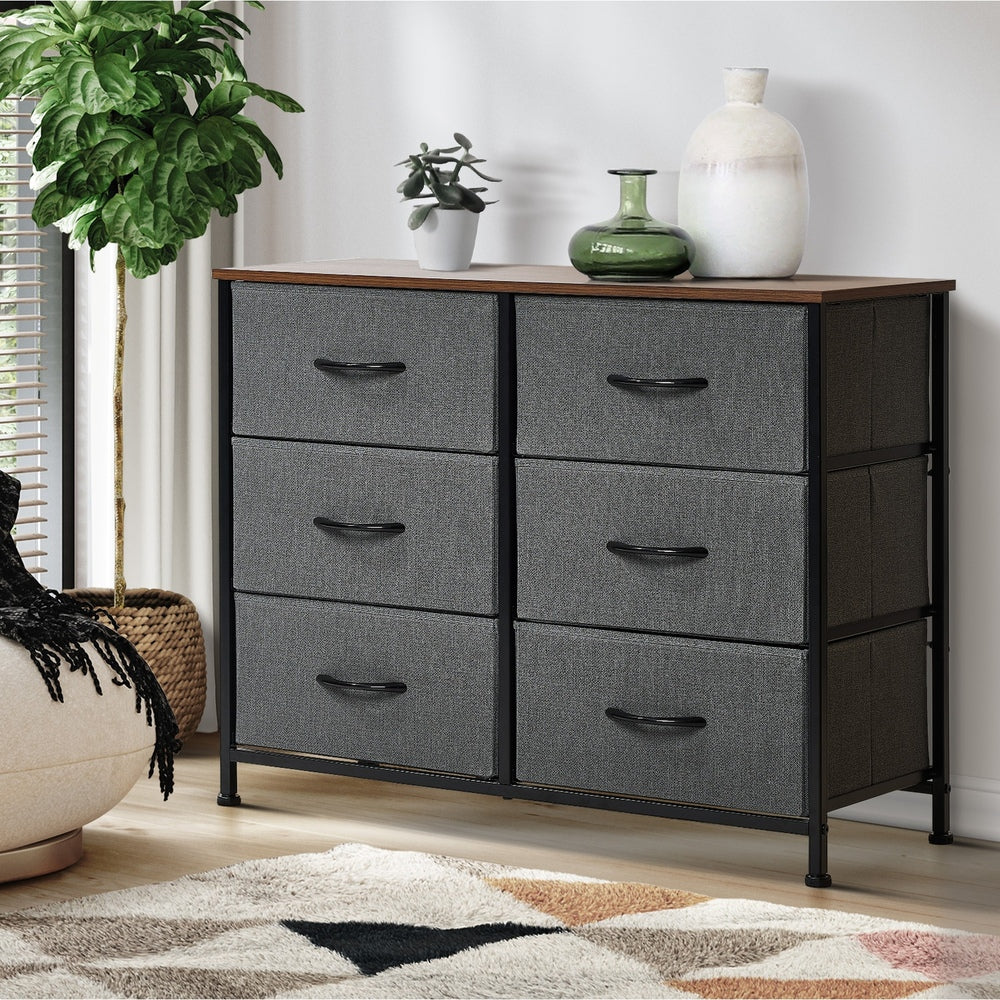 Oikiture 6 Chest of Drawers Fabric Grey Wooden Tabletop-Chest of Drawers-PEROZ Accessories