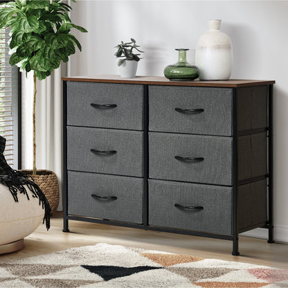 Oikiture 6 Chest of Drawers Fabric Grey Wooden Tabletop-Chest of Drawers-PEROZ Accessories
