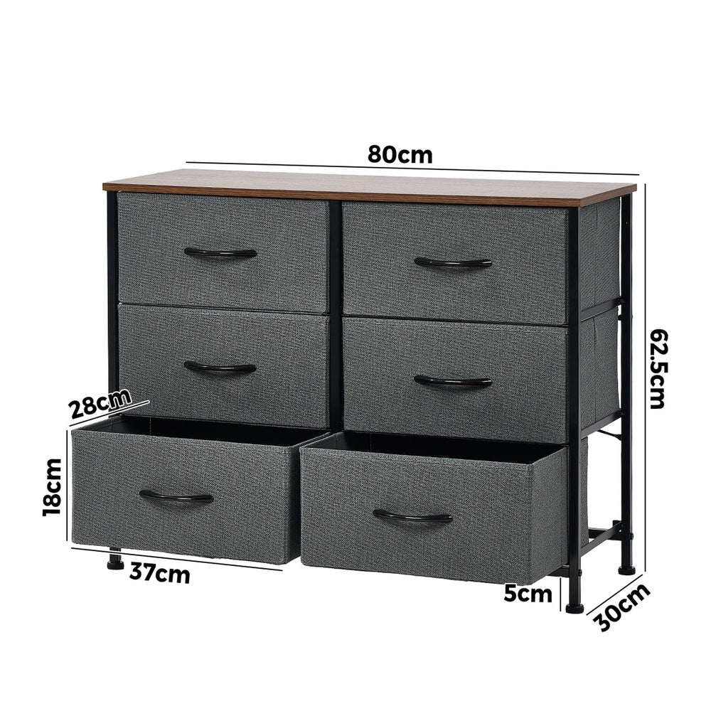 Oikiture 6 Chest of Drawers Fabric Grey Wooden Tabletop-Chest of Drawers-PEROZ Accessories