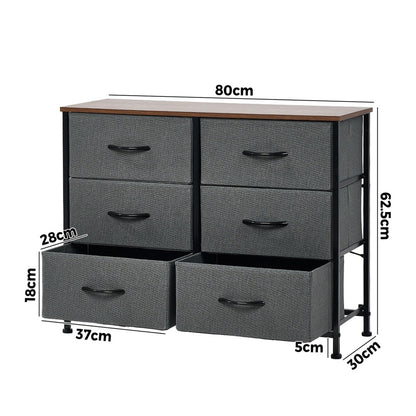 Oikiture 6 Chest of Drawers Fabric Grey Wooden Tabletop-Chest of Drawers-PEROZ Accessories