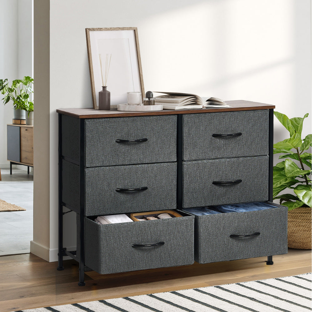 Oikiture 6 Chest of Drawers Fabric Grey Wooden Tabletop-Chest of Drawers-PEROZ Accessories