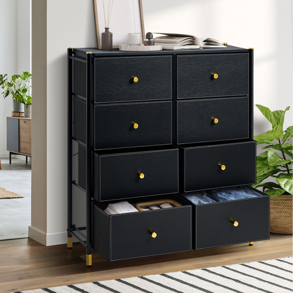 Oikiture 8 Chest of Drawers PU Fabric Black-Chest of Drawers-PEROZ Accessories