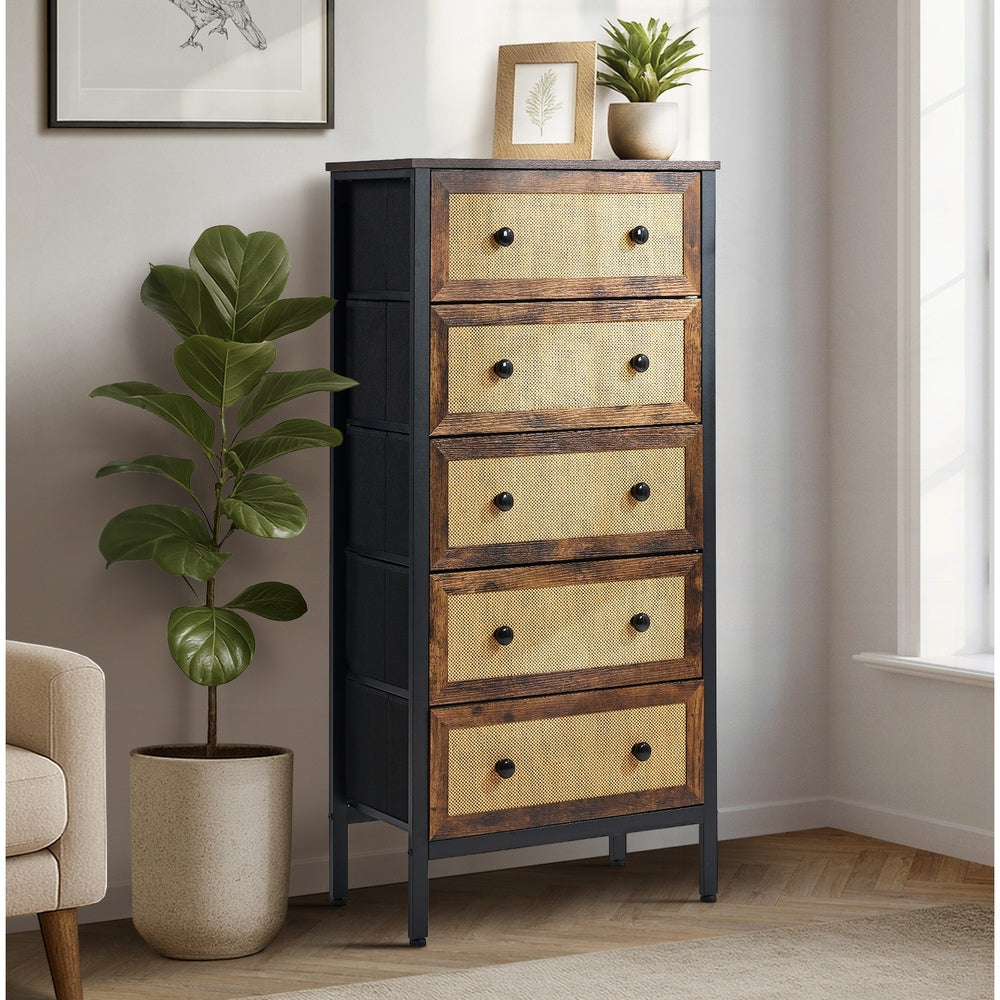 Oikiture 5 Chest of Drawers Rattan Fabric Dresser Tallboy-Chest of Drawers-PEROZ Accessories