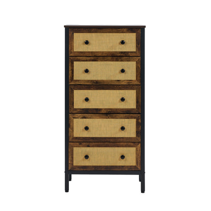 Oikiture 5 Chest of Drawers Rattan Fabric Dresser Tallboy-Chest of Drawers-PEROZ Accessories