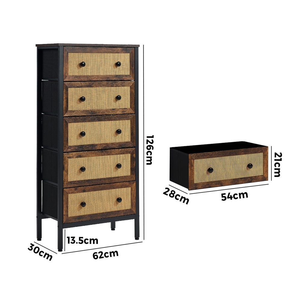 Oikiture 5 Chest of Drawers Rattan Fabric Dresser Tallboy-Chest of Drawers-PEROZ Accessories