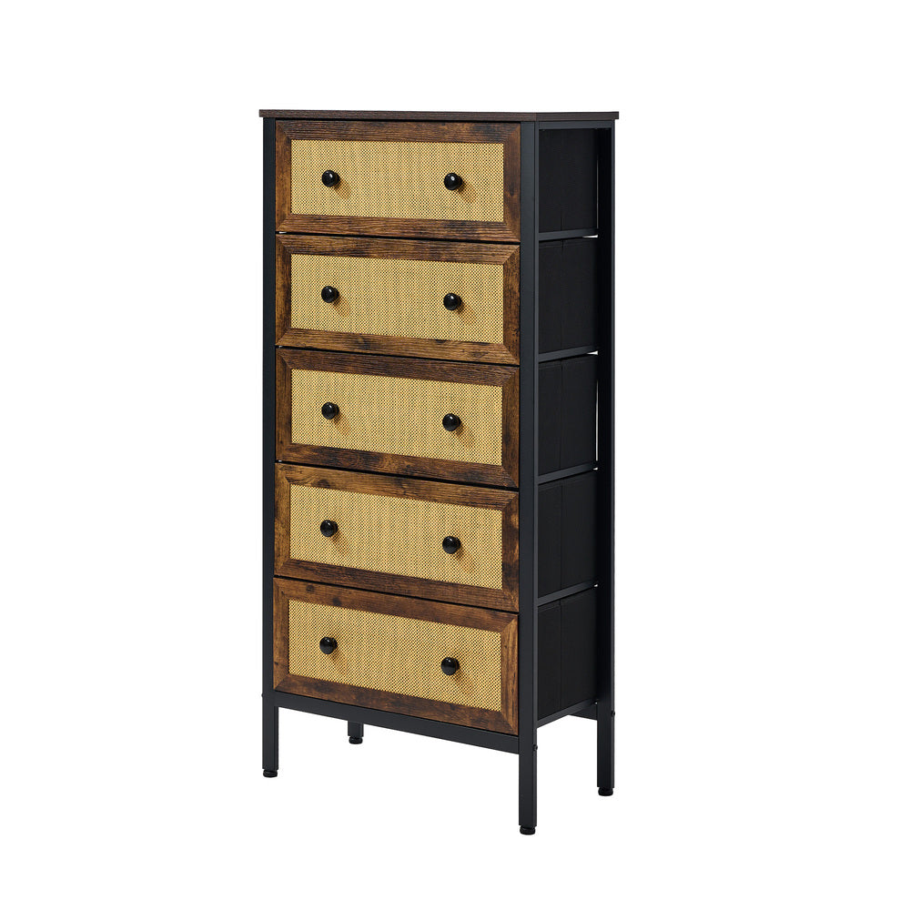 Oikiture 5 Chest of Drawers Rattan Fabric Dresser Tallboy-Chest of Drawers-PEROZ Accessories