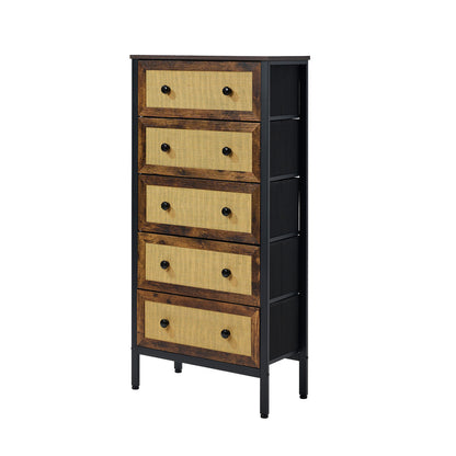 Oikiture 5 Chest of Drawers Rattan Fabric Dresser Tallboy-Chest of Drawers-PEROZ Accessories