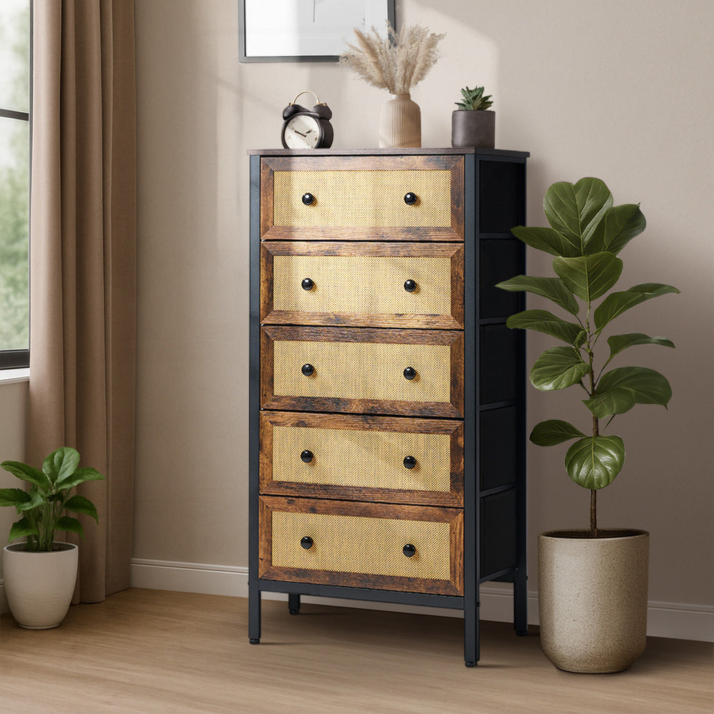 Oikiture 5 Chest of Drawers Rattan Fabric Dresser Tallboy-Chest of Drawers-PEROZ Accessories