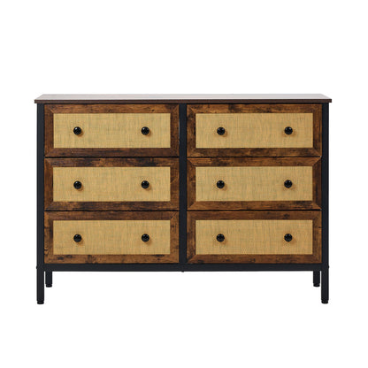 Oikiture 6 Chest of Drawers Rattan Fabric Dresser Tallboy-Chest of Drawers-PEROZ Accessories
