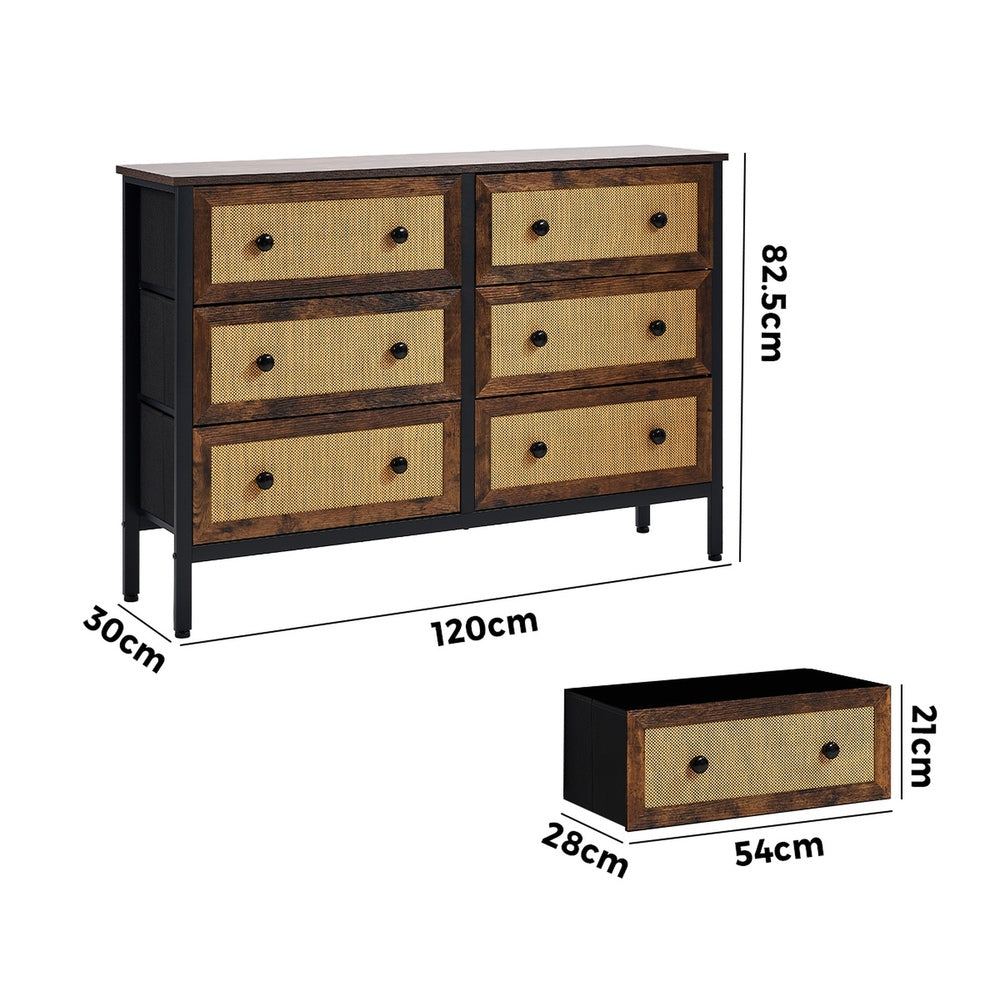 Oikiture 6 Chest of Drawers Rattan Fabric Dresser Tallboy-Chest of Drawers-PEROZ Accessories