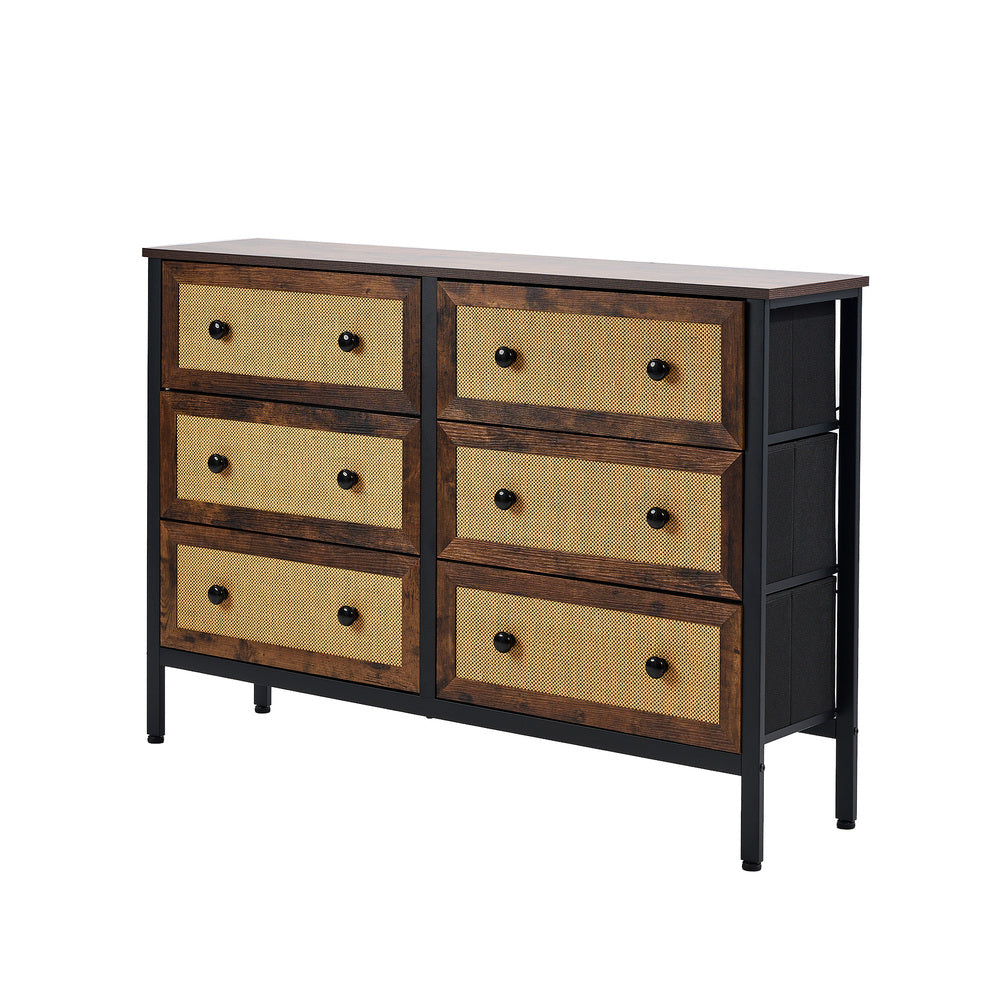 Oikiture 6 Chest of Drawers Rattan Fabric Dresser Tallboy-Chest of Drawers-PEROZ Accessories