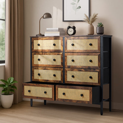 Oikiture 8 Chest of Drawers Rattan Fabric Dresser Tallboy-Chest of Drawers-PEROZ Accessories