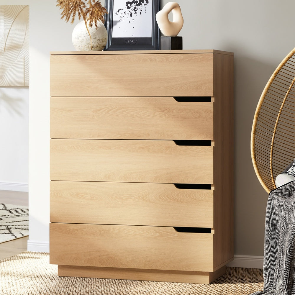 Oikiture 5 Chest of Drawers Dresser Tallboy Storage Cabinet Natural-Chest of Drawers-PEROZ Accessories